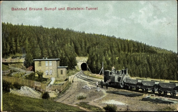 Postcard Blankenburg am Harz, Braune Sumpf station and Bielstein tunnel, Harz cog railway