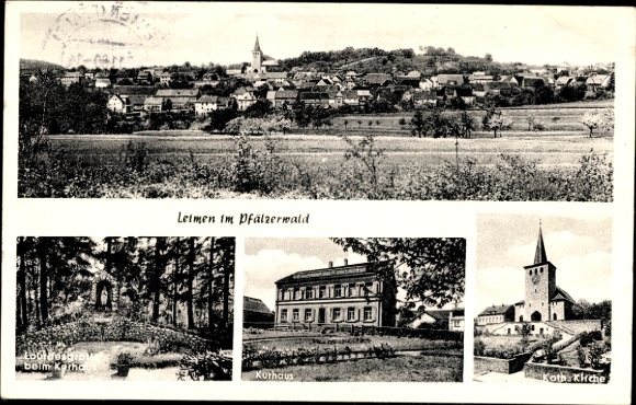 Postcard Leimen in the Palatinate, general view, spa house, Catholic church, statue