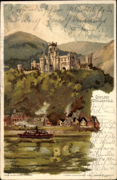Artist Chromo-Litho Pfaff, C., Koblenz in Rhineland-Palatinate, View of Stolzenfels Castle, water side
