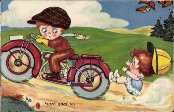 Artist Postcard Boriss, Margret, Girl falls from motorcycle