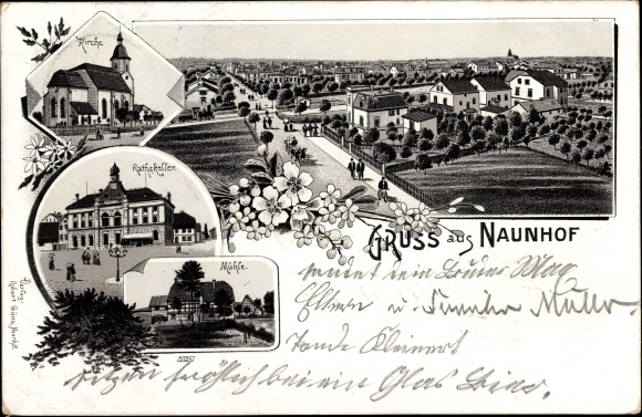 Chromo-Litho Naunhof in the district of Leipzig, total view of the place, church, Ratskeller, mill