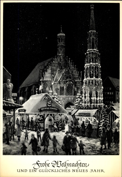 Artist Postcard Nuremberg in Middle Franconia, Christkindles Market, Liebfrauenkirche, gingerbread house