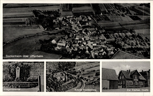 Postcard Geckenheim Weigenheim in Middle Franconia, aerial photograph, war memorial, Frankenberg Castle