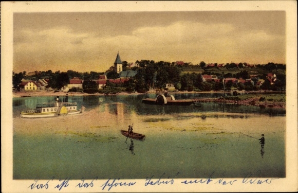 Postcard Lebus on the Oder, general view, rowing boat, steamer