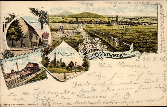 Chromo-Litho Osterwieck am Harz, train station, track side, sugar factory, town hall, war memorials, long shot