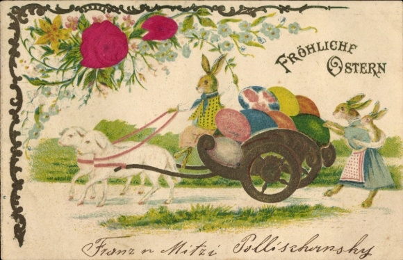 Präge Material Litho Glückwunsch Ostern, Osterhasen, Lämmer, Ostereier
