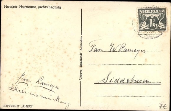 Postcard Dutch military aircraft, Hawker Hurricane Jachtvliegentuig, fighter plane