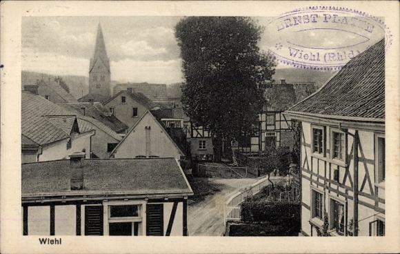 Postcard Wiehl in the Oberbergischer Kreis, city view, church, half-timbered houses, architecture