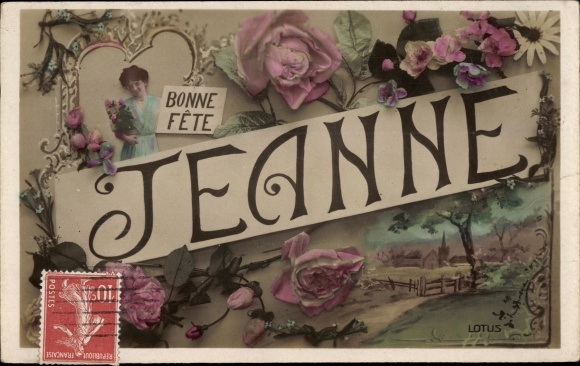 Letters Postcard Female first name Jeanne, congratulations, Bonne Fete, flowers