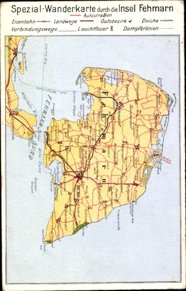 Postcard Island of Fehmarn Ostholstein, special hiking map, island roads and railway, lighthouse, dam