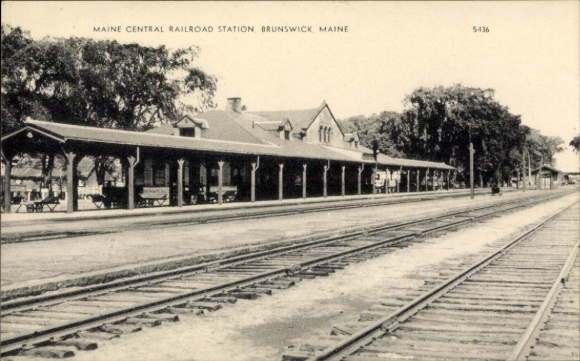Ansichtkaart Brunswick Maine USA, treinstation, spoorweergave