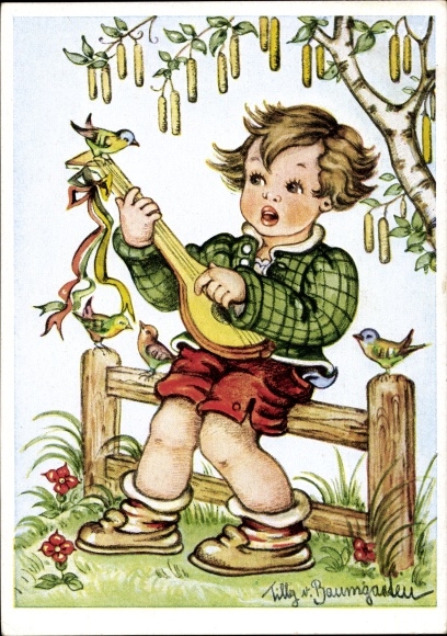 Artist PC Baumgarten, Tilly von, boy with lute, birds