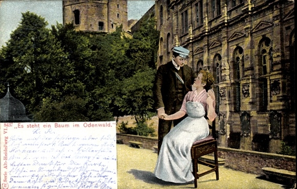 Postcard Heidelberg, student and woman in front of the castle, There is a tree in the Odenwald