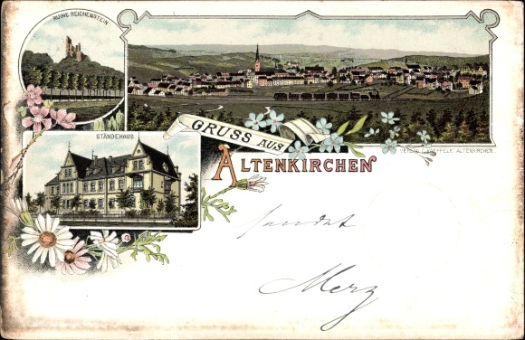 Chromo-Litho Altenkirchen im Westerwald, Ständehaus, Reichenstein ruins, general view of the place