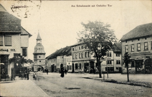 Postcard Bad Tennstedt in Thuringia, shoe market with Osthöfer Gate, building, town tower, architecture