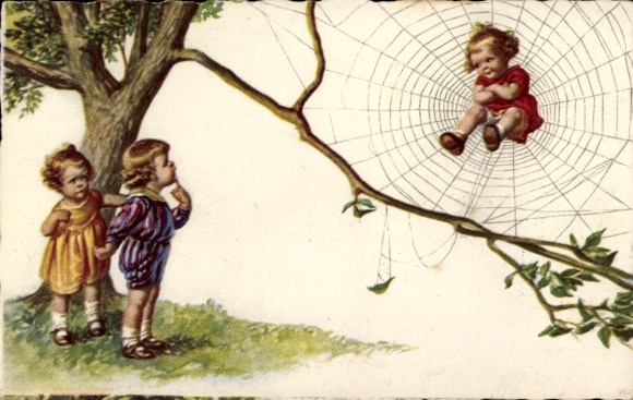Artist Postcard Child sitting in a spider's web