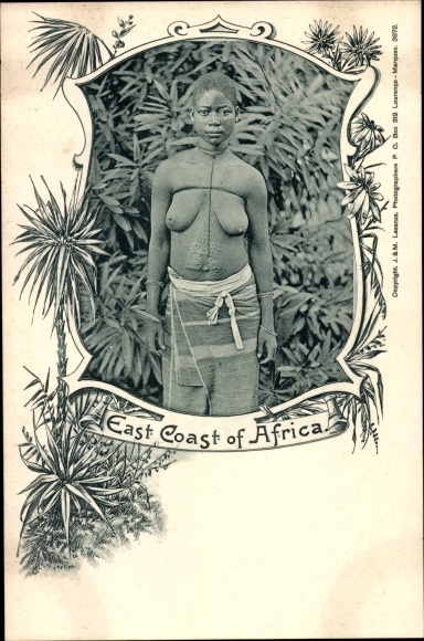 Postcard East coast of Africa, bare-breasted woman, decorative scars