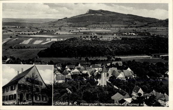 Ak Schlatt am Randen Hilzingen im Hegau, Hohenstoffeln im Hintergrund, Gasthaus zum Löwen, Luftau