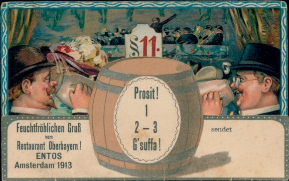 Mechanical Postcard beer keg, 1-2-3 G'suffa, Restaurant Oberbayern, ENTOS, Amsterdam 1913