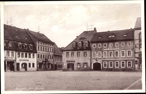 Postcard Mügeln in Saxony, market square, Hotel zum Hirsch
