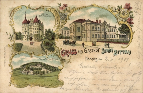 litho Hörnitz Oberlausitz, herbergstad Zittau, kasteel Alt-Hörnitz