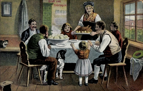 Ak Thürningen, Bauernstube, Trachten, Klöße, Hund