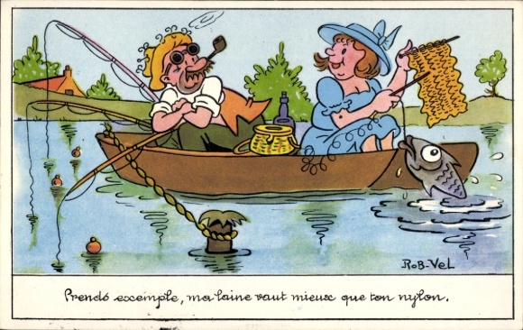 Kunstenaarskaart Velter, Robert, vrouw ving een vis met breigaren, visser