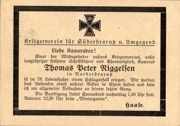 Ak Rurup Süderbarup in de visserij, krijgersclub, uitnodiging voor de uitvaartdienst van Thomas Peter Riggelsen
