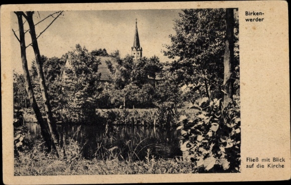 Postcard Birkenwerder near Berlin, Fließ with view of the church