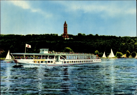 Postcard Berlin, Havel with Grunewald Tower, MS Havelstern, sailboats