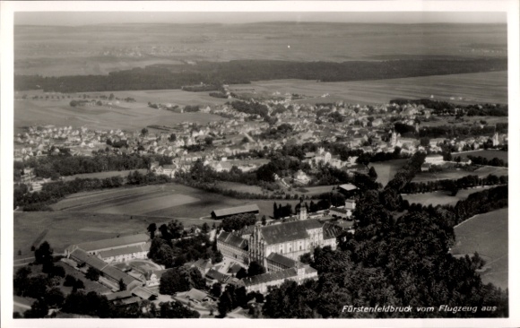 Postcard Fürstenfeldbruck in Upper Bavaria, aerial view of wide fields, small town, church visible