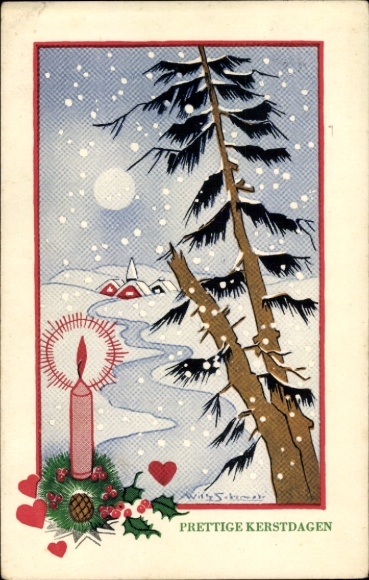 Artist Postcard Schermele, W., Congratulations Christmas, Christmas trees, candle