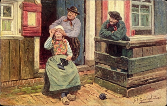 Artist PC Gerstenhauer, JG, girls knitting, surprise, Dutch costume
