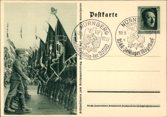 Ganzsachen Ak Nürnberg, Reichsparteitag 1937, Reichsarbeitsdienst, Arbeitsmänner, RAD Aufmarsch