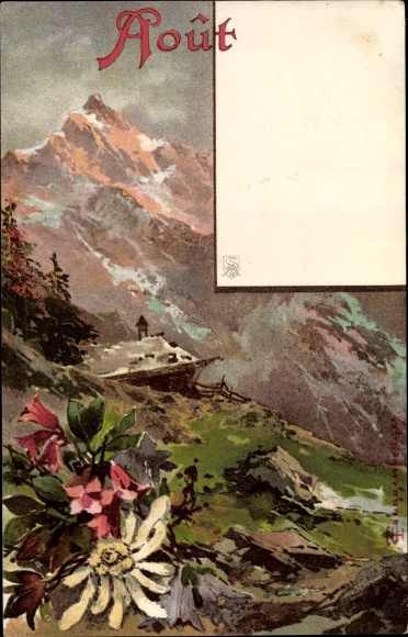 Artist Chromo-Litho Guggenberger, month of August, mountain landscape, mountain blossoms