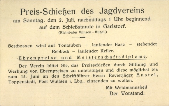 Ansichtkaart Garlstorf Lüneburger Heide, prijsschieten van de jachtclub Revierjäger Austel