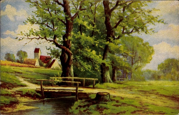 Artist Postcard Hoy, W., In front of the village, church, footbridge, river, Degi 1314