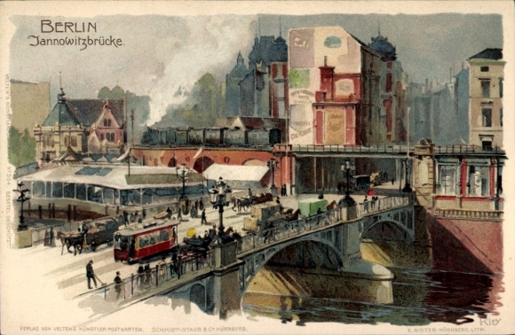 Artist Chromo-Litho Kley, Heinrich, Berlin Mitte, view over the Jannowitz Bridge, tram