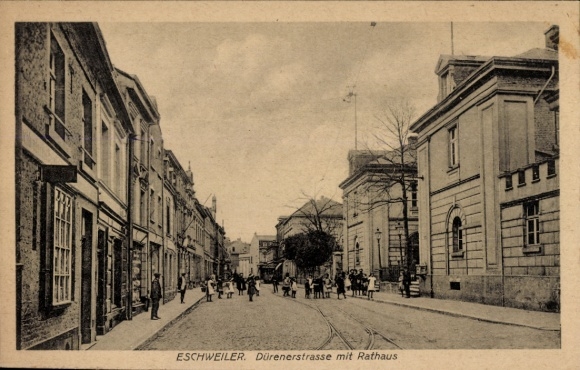 Postcard Eschweiler Eifel, Dürenerstraße, Town Hall, Children