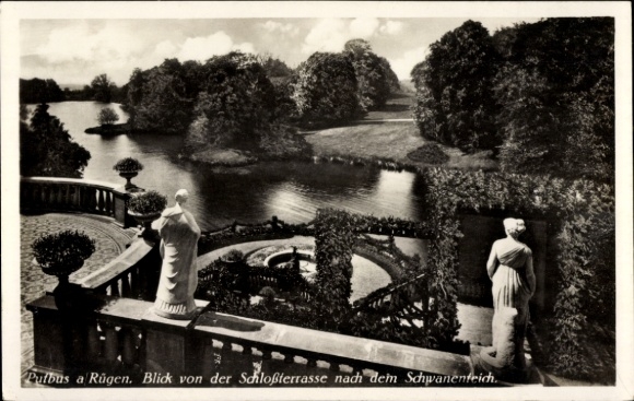 Postcard Putbus on the island of Rügen, view from the castle terrace to the swan pond