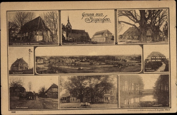 Postcard Bispingen in the Lüneburg Heath, church, linden tree, vicarage, forestry office, inn, Bahnhofstrasse