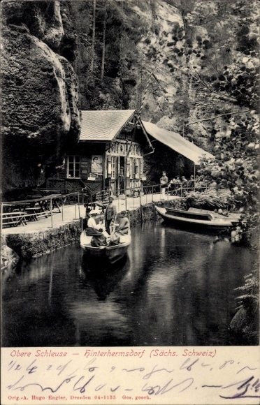 Postcard Hinterhermsdorf Sebnitz Saxon Switzerland, Upper Lock, Boat Station, Saxon Switzerland,