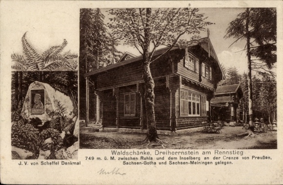 Postcard Frauenwald am Rennsteig Ilmenau in Thuringia, Waldschänke Dreiherrnstein, v. Scheffel Monument