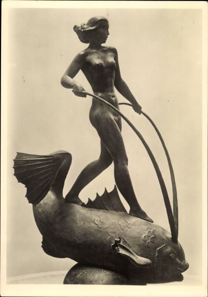 Postcard plastic by Helmut Liebermann, fish rider, HDK 568, female nude