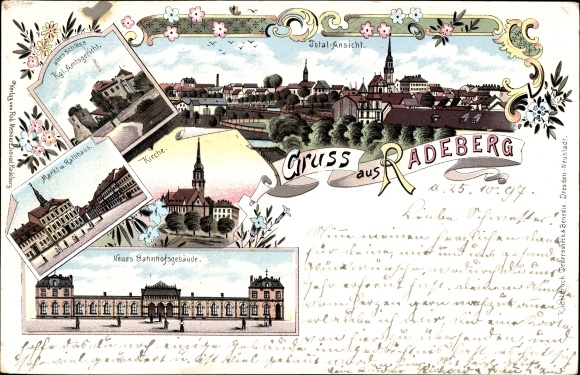 Chromo-Litho Radeberg in Saxony, district court, market, town hall, new train station, general view