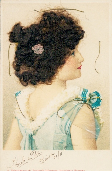 Human Hair Chromo-Litho Brunette Woman in Blue Dress