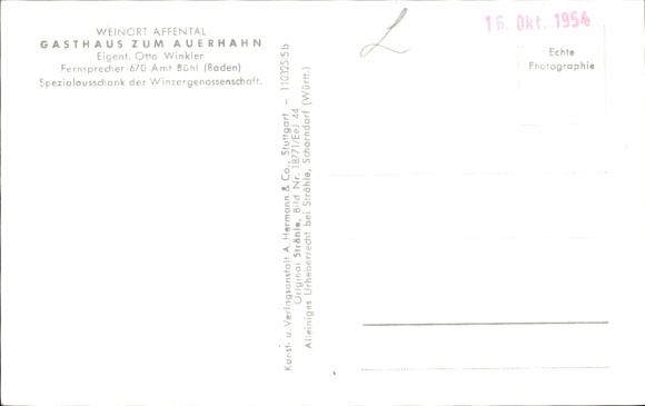 Postcard Affental Bühl in Baden, aerial photograph, Gasthaus zum Auerhahn, monkey with wine bottle