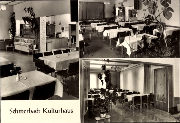 Postcard Schmerbach Creglingen an der Tauber, Schmerbach Cultural Center, interior view, tables and chairs, G