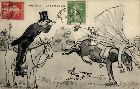 Postcard Robinson Hauts de Seine, donkey throws bride, groom with binoculars