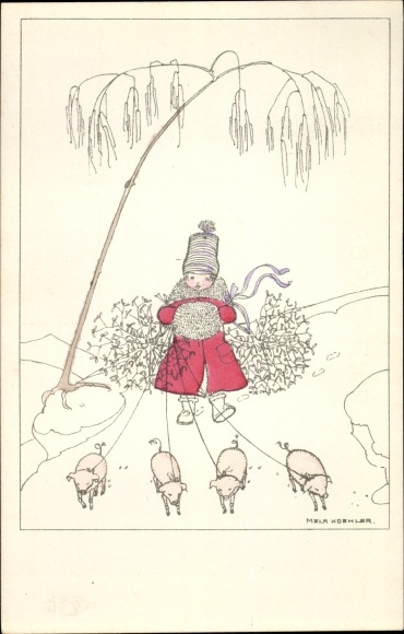Artist PC Köhler, Mela, Happy New Year, girl with pigs, mistletoe